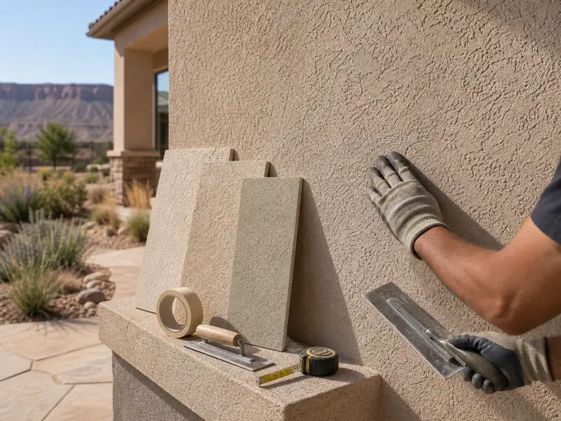 Stucco finish sample boards and tools beside a textured Western Colorado home exterior