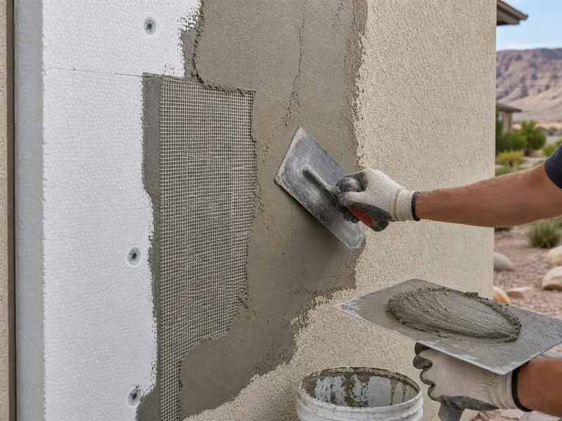 EIFS stucco repair with foam insulation board, mesh, base coat, and trowel work