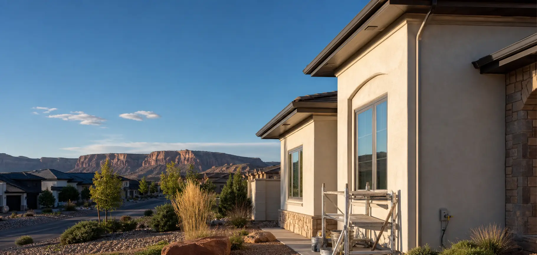 Fresh stucco home exterior in Grand Junction with Western Colorado desert landscaping