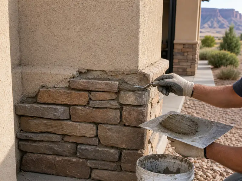 Stone veneer repair at a stucco column on a Western Colorado home exterior