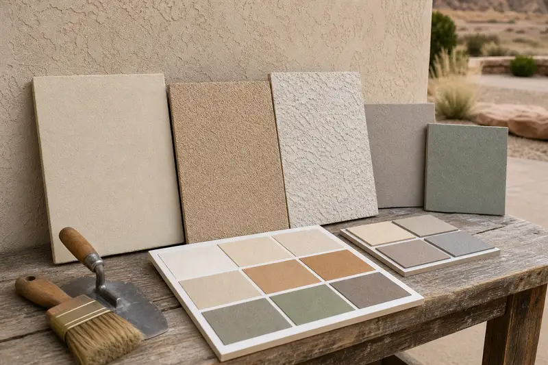 Stucco color and finish samples for exterior walls