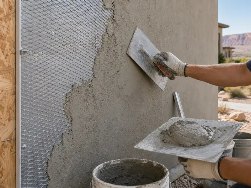 Stucco installation with metal lath, cement plaster, trowel, and hawk board