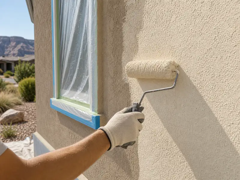 Exterior stucco painting with masked window trim and a roller on a textured wall