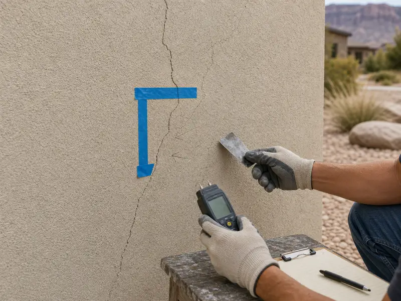 Stucco damage assessment with cracks, painter tape, and inspection tools before repair