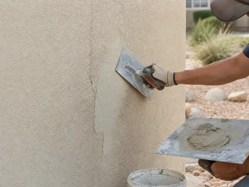 Stucco patch repair blended into a textured exterior wall